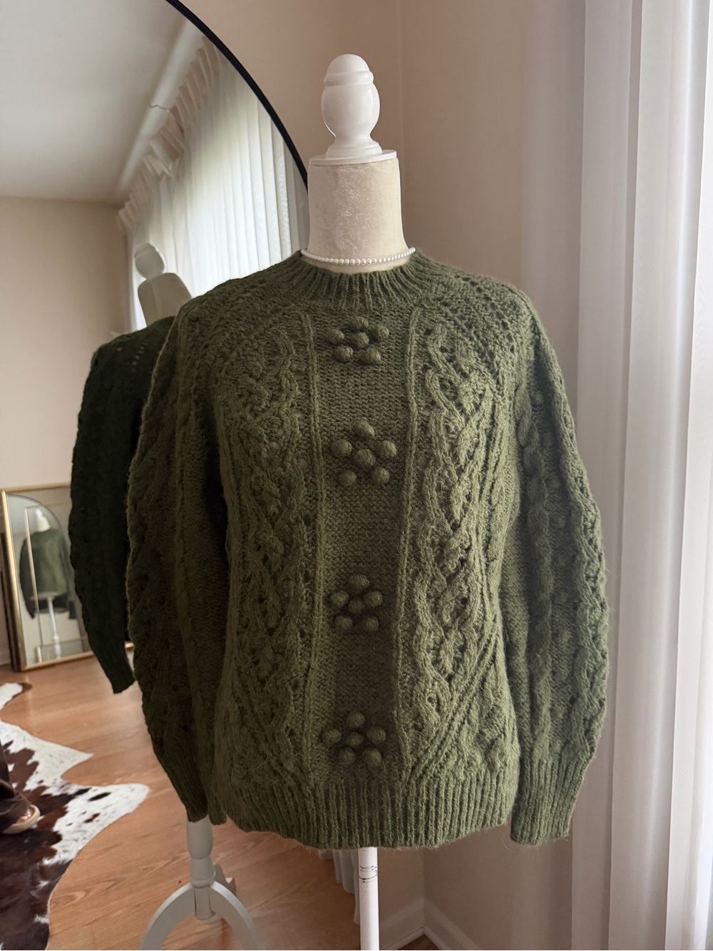 J. Crew Olive Green Cable Knit Bubble Sweater Size S